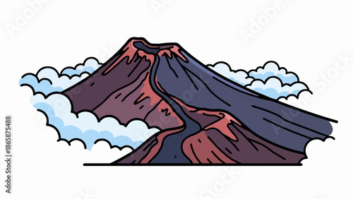 A stylized depiction of a volcanic mountain with lava flows and clouds