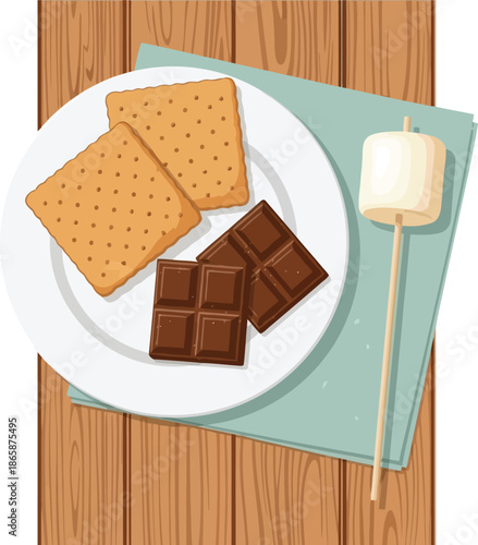 Delicious smores ingredients on wooden table for outdoor fun and camping treat vector
