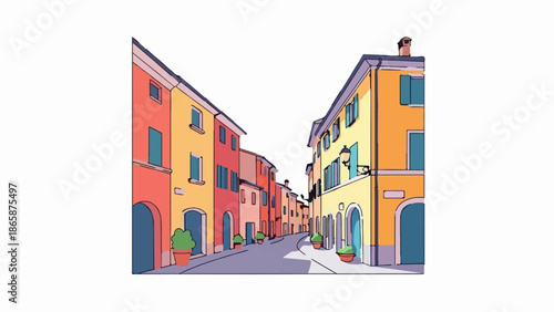 A stylized, colorful illustration of a narrow street lined with vibrant buildings