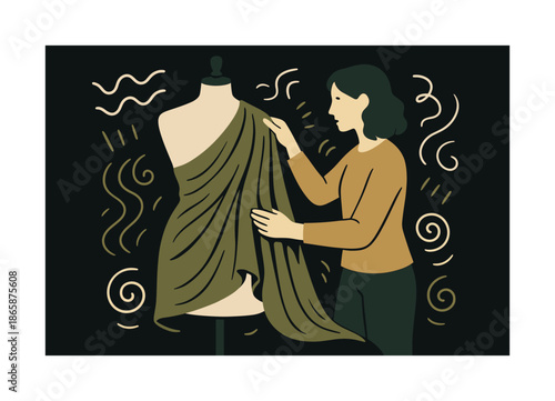 Fabric Draping Artistry. Fabric draping. The designer tests fabric over a mannequin, soft folds and texture symbols swirling around the form. Tactile artistry