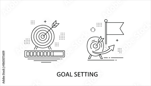Line art illustrations depicting goal setting, achievement, progress tracking, and strategic planning with targets, arrows, flags, and progress bars.