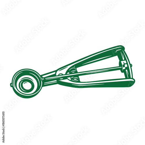 Green illustration of a manual cookie scoop and press on white background
