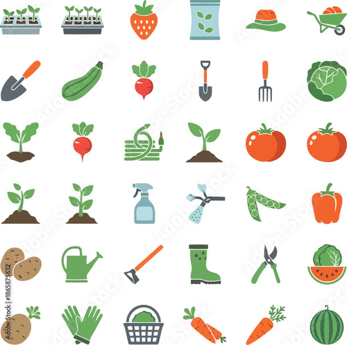 Gardening icons set fresh produce seedlings tools agriculture plant growing concepts vector illustration vector
