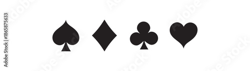 Black Playing Card Suits Silhouettes playing cards. Card suits set of vector icons showing hearts, clubs, diamonds and spades. Playing card suits on white background.