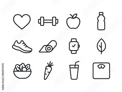 Healthy Lifestyle Icons. Healthy lifestyle. Line icon set of Healthy lifestyle: heart, dumbbell, apple, water bottle, running shoe, yoga mat, watch, leaf,