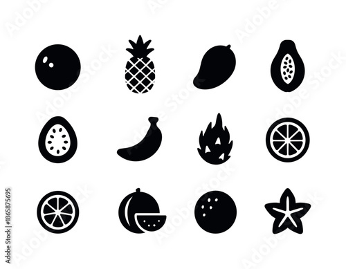 Tropical Fruit Icons. Tropical fruits. Solid icon set of tropical fruits: coconut, pineapple, mango, papaya, guava, banana, dragon fruit, lime, orange,