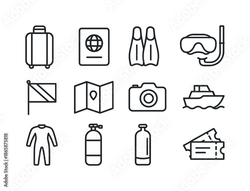 Dive Travel Essentials. Dive Travel. Line icon set of Dive Travel: suitcase, passport, fins, mask, snorkel, dive flag, map, camera, boat, wetsuit, air tank,
