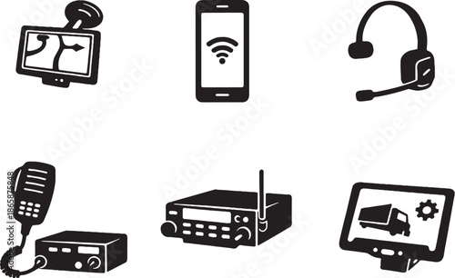 Trucker Navigation and Communication Infrastructure Black Silhouette Bundle eps