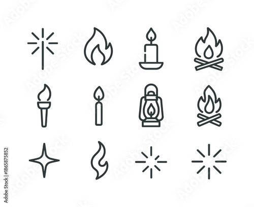 Firelight Icon Set. Firelight. Line icon set of Firelight: sparkler, flame, candle, bonfire, torch, matchstick, lantern, campfire, glowing star, smoke, spark,