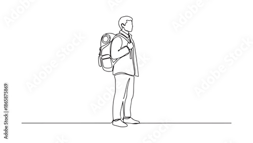 Man with backpack standing and looking to the side, vector illustration