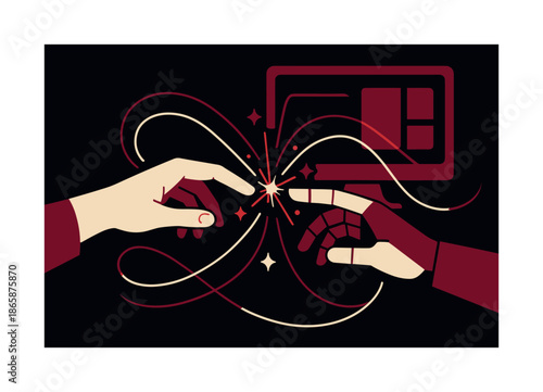 Digital Collaboration Sparks. AI?human collaboration. A hand reaching toward a digital counterpart; sparks forming a shared workspace. Light trails symbolizing