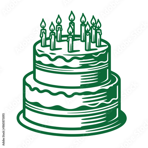 Green illustration of a two tiered birthday cake with lit candles on top isolated on white background