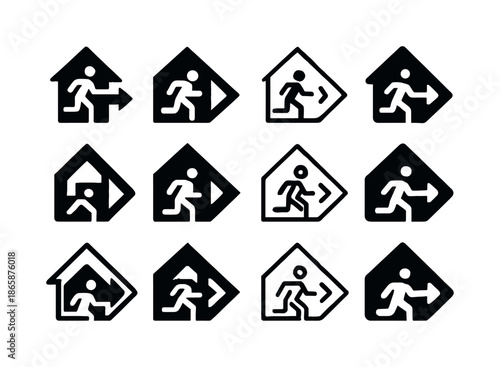 Evacuation Center Icons. Evacuation center. Icon set. Set Logo of evacuation center: directional arrow for evacuation. harmonious logo variations of the same