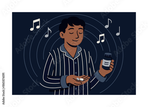 Evening Routine Vibes. Evening wind-down. A figure in pajamas holding vitamins while soft music symbols float nearby. Arcs of quiet rhythm surrounding them.