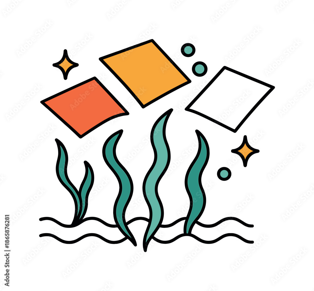 Obraz premium Seaweed Transformations. Ocean-Based Materials. Seaweed strands rise from wavy water lines and transform into floating geometric sheets of biomaterial. Bubbles