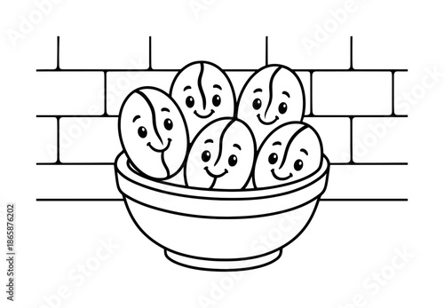 Smiling Coffee Beans. Coffee beans children?s coloring book illustration, outlined drawing, small bowl of smiling coffee beans on a counter, educational design