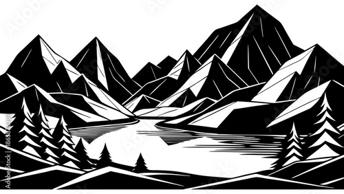 Stylized black and white mountain landscape with river and trees
