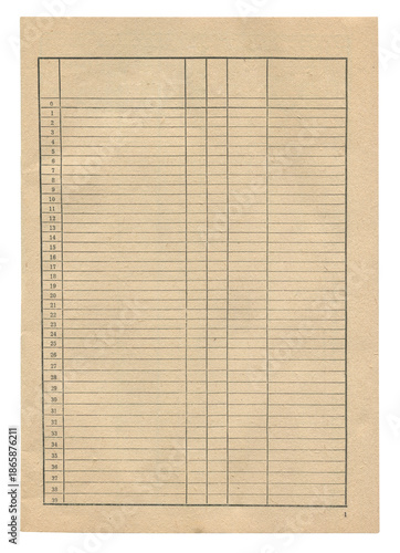 фотографія vintage notebook ledger page with blank table chart columns and rows on aged bro