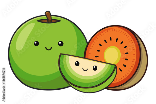 Cute kawaii fruits apple and kiwi characters together