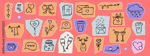 Scrapbook sticker with a heart. Curved doodle lines drawn with chalk. Old torn piece of paper, heart elements, ragged, messy edges for a collage. Vector collection of vintage torn paper strips.