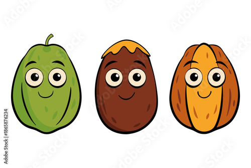 Three cute cartoon fruits with happy faces on black background