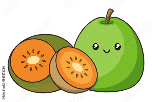Cute kawaii green fruit and kiwi slices