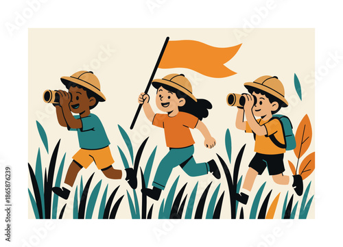 Children's Adventure Playtime. Pretend adventure. Children dressed as explorers run through tall grass with cardboard binoculars and handmade flags.