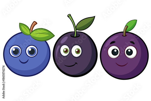 Three cute cartoon berries with happy faces on black background