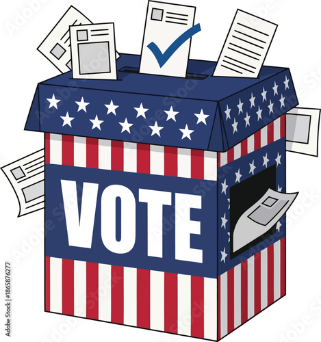 Usa election voting ballot box with american flag design and paper ballots for political campaign vector
