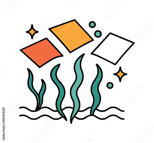 Seaweed Transformations. Ocean-Based Materials. Seaweed strands rise from wavy water lines and transform into floating geometric sheets of biomaterial. Bubbles