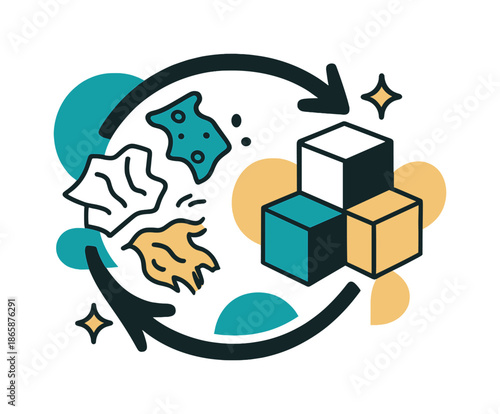 Circular Recycling Transformation. Recycled Material Loop. A bold circular arrow encircles floating scraps?paper, plastic bits, cloth fibers?transforming