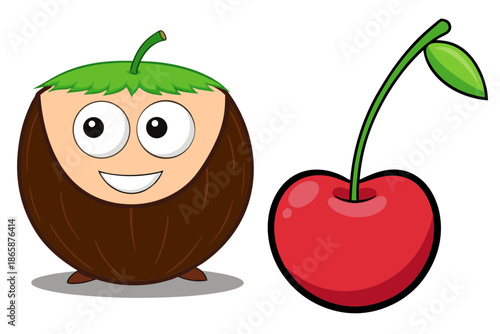 Cute cartoon coconut and cherry characters with happy faces