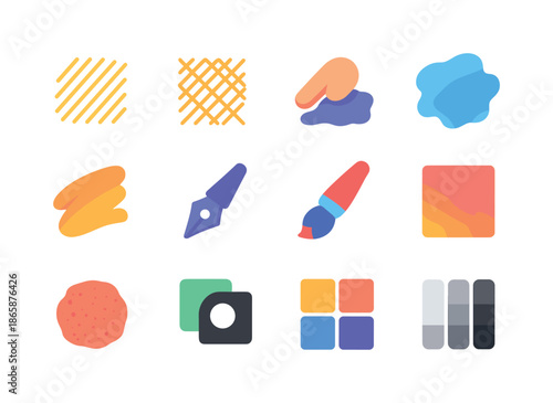 Colorful Art Techniques Icons. art techniques. Colorful flat vector icons set of art techniques: hatching lines, crosshatching, blending smudge, watercolor