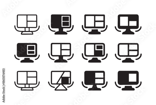 Multitasking Icon Variations. Multitasking on screen. Icon set. Set Logo of multitasking on screen: split-screen layout. harmonious logo variations of the same