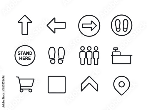 Checkout Line Floor Decals. Floor decals for checkout line. Line icon set of Floor decals for checkout line: arrow forward, arrow left, arrow right, stand here