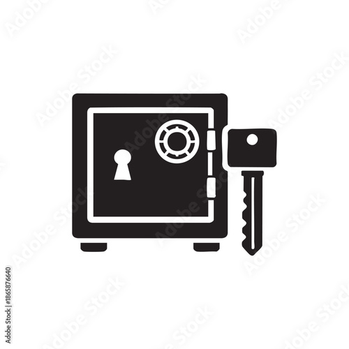 Black and white safe with key icon security lock and protection vector illustration