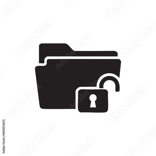 Black and white vector folder with unlocked padlock icon data access and security concept