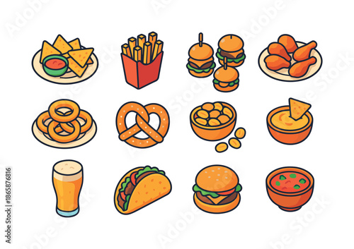 Colorful Bar Snacks. Bar food. Colorful isometric vector icons set of bar food: nachos, fries, sliders, wings, onion rings, pretzel, peanuts, cheese dip, beer