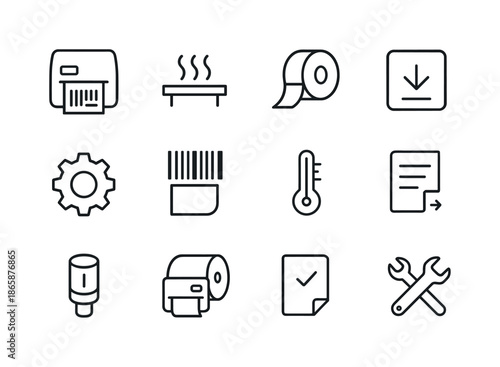 Thermal Printer Icons. Thermal label printing. Line icon set of Thermal label printing: thermal printer, heat element icon, label spool, print button, settings