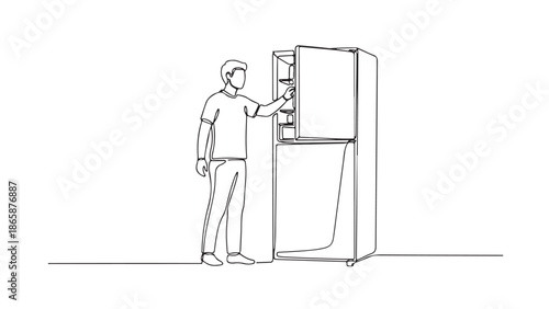 Man Opening A Refrigerator Door And Reaching For A Drink, Simple Line Art