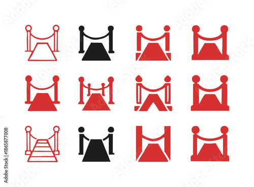 Red Carpet Logos. Red carpet entrance. Icon set. Set Logo of Red carpet entrance: red carpet walkway. harmonious logo variations of the same emblematic