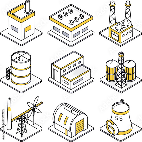 Isometric vector icon set for industrial concepts, factory operations, machines, engineering tools, energy, warehouse and transport.