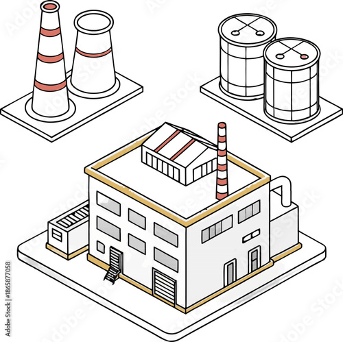 Isometric industry icons set showing manufacturing, automation, logistics, power, construction, safety and engineering elements, clean vector.