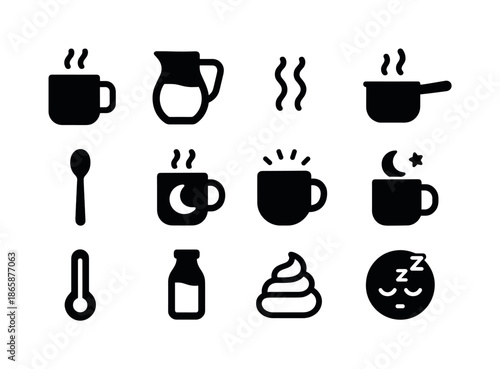 Warm Milk Icons. Warm milk icons. Solid icon set of warm milk icons: milk mug, milk jug, steam lines, warm pot, stir spoon, bedtime cup, cozy handle, night