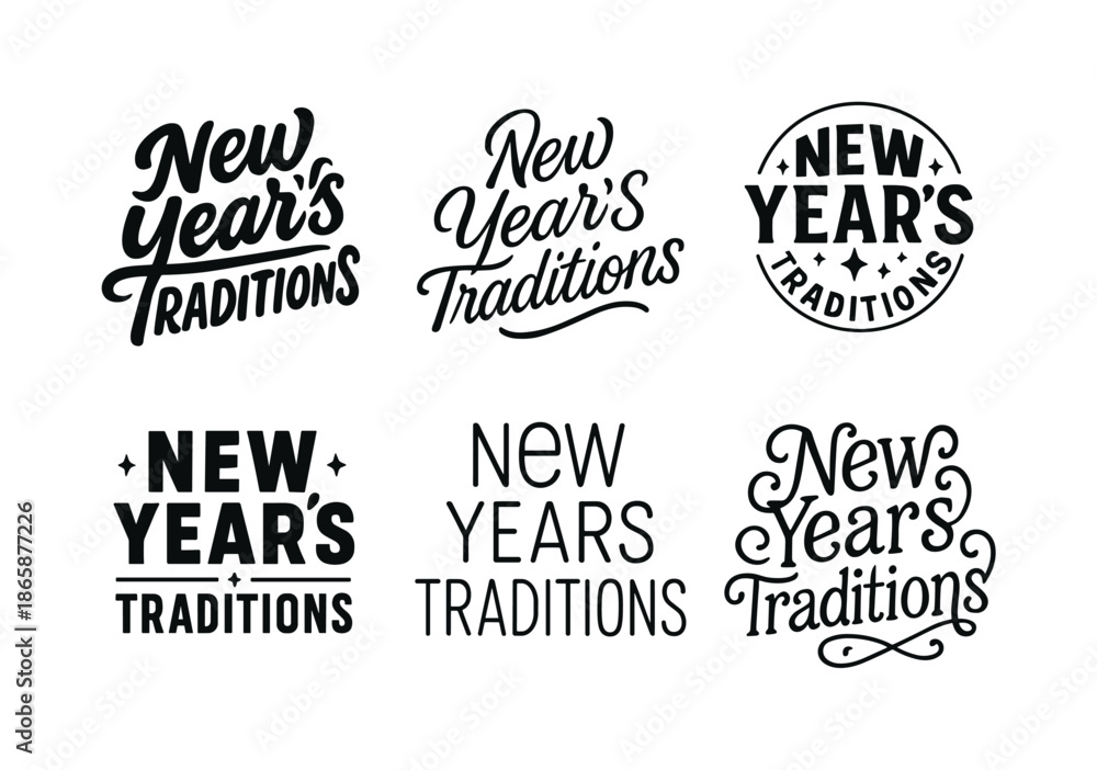 Fototapeta premium Harmonious Lettering Styles. New Year?s traditions. Set lettering. harmonious lettering variations of the same emblematic concept, each with different artistic