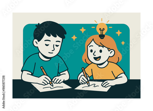 Kids' Creative Sketching. Drawing session. Two kids sketch side-by-side with pencils, tiny stars and idea icons hovering above their paper. Quiet focus meets