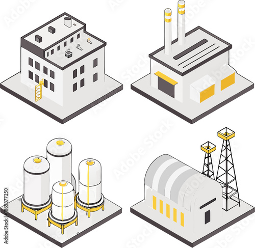 Industrial isometric icon collection with factory, robotics, assembly line, warehouse, shipping, energy, maintenance symbols, vector illustration.