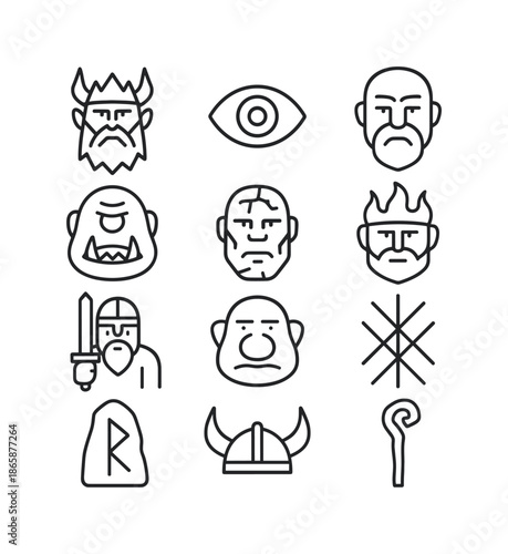 Mythical Giants Icons. Tales of giants ? Mythical Giants. Line icon set of Tales of giants ? Mythical Giants: Norse frost giant, cyclops eye, bearded face,