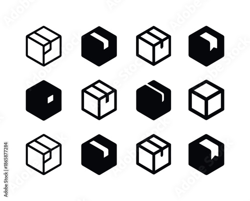 Sealed Parcel Icons. Sealed parcel. Icon set. Set Logo of sealed parcel: taped box. harmonious logo variations of the same emblematic concept, each with