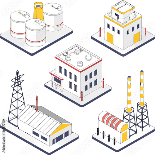 Industry isometric icon set featuring factory, machinery, conveyor, robot arm, warehouse, energy, safety, logistics elements, clean vector style.